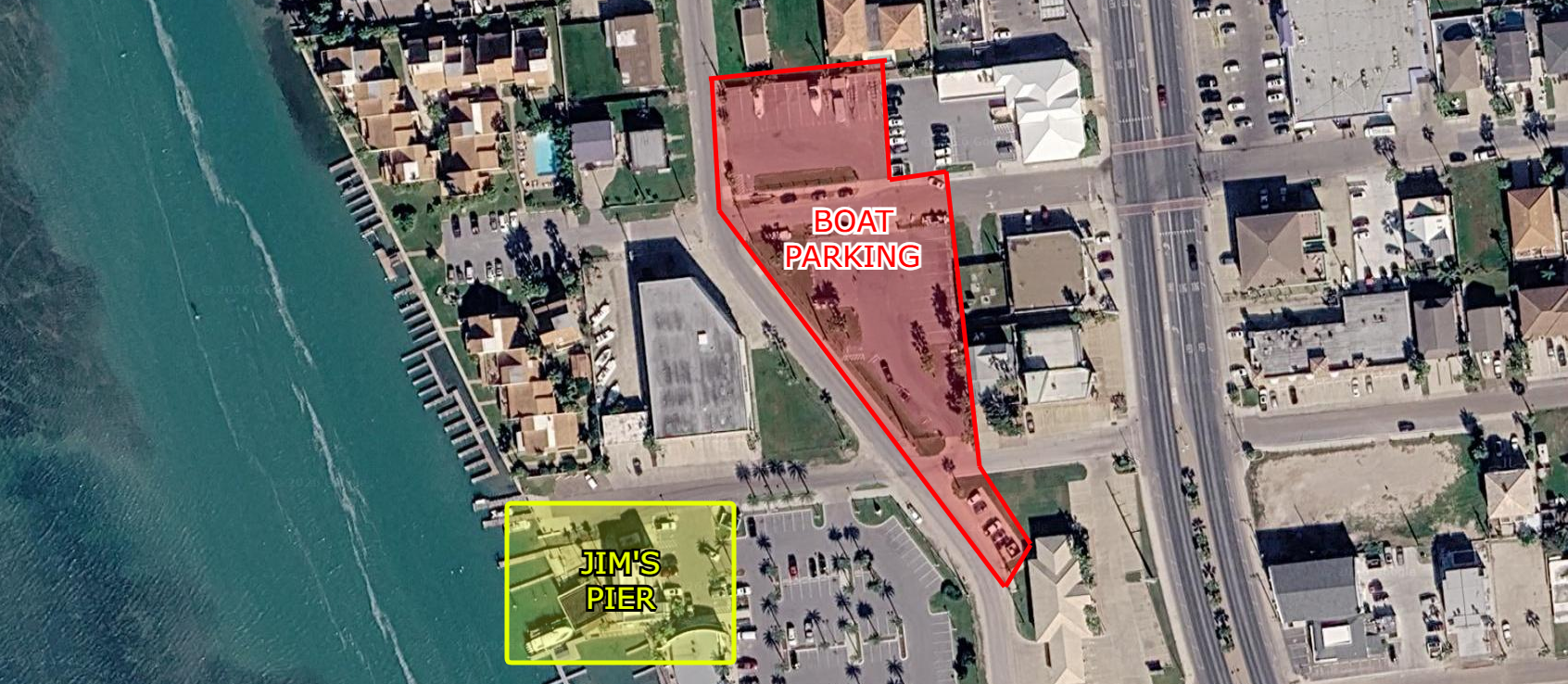 Overview map image showing Jim's Pier boat parking area across the street