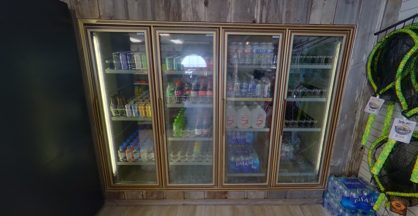 Snacks, drinks, and essentials on shelves